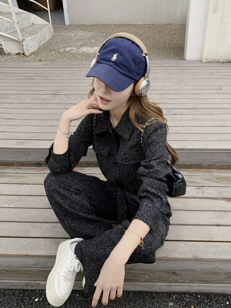 Kombinezon damski z szerokimi nogawkami i wysokim stanem, styl casual, koreański styl, wiosna 2025, efekt odmładzający, styl uliczny, jednoczęściowy.