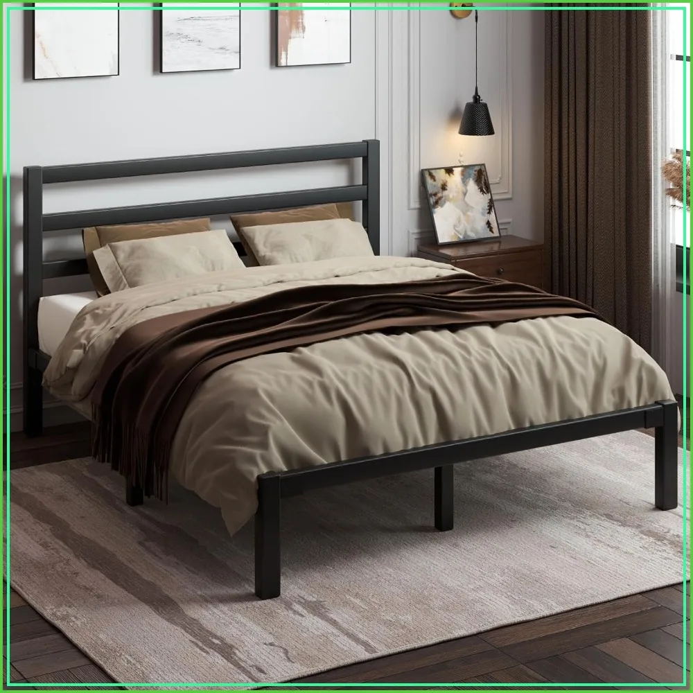 Full Size Metal Bed Frame with Headboard, Black, Heavy Duty Steel Slats