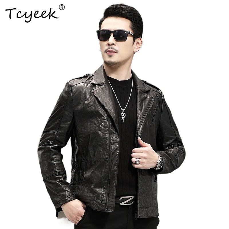 

Tcyeek Верхний слой из коровьей кожи Весна Осень Модный костюм с воротником Черная короткая мужская куртка из натуральной кожи Chaqueta Cuero Hombre 가죽 자켓