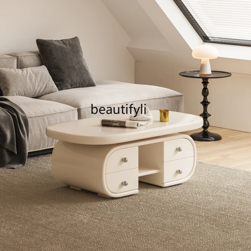 

Designer Color Matching Coffee Table Living Room Home Cream Wind Square round Light Luxury Storage Double-Sided Drawer Tea Table