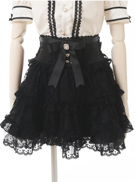 Dophee Japan Style Cute Bow High Waist Cake Skirt Elegant Fairy Lace Splicing Ruffles Short A-line Skirts Lolita School Girl