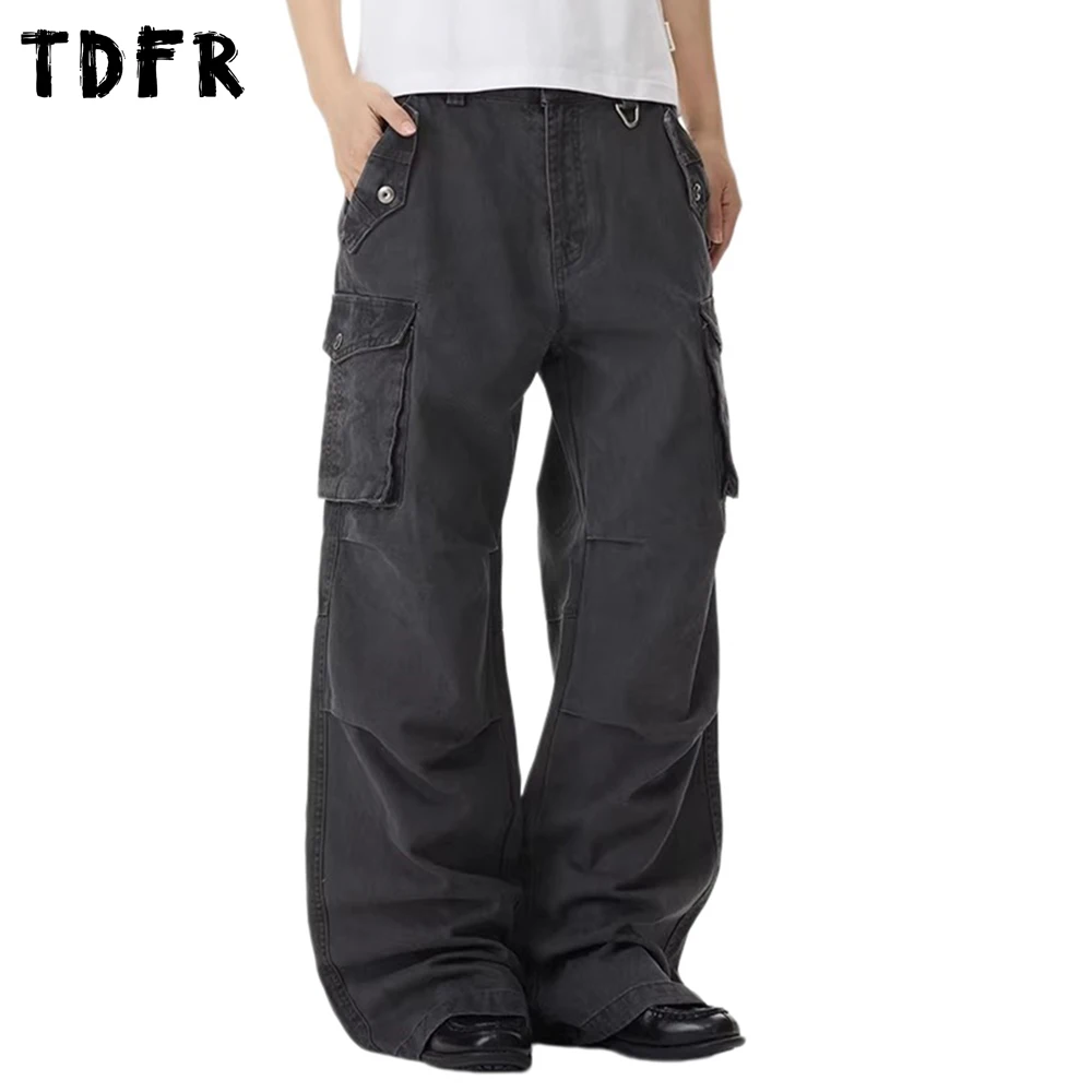 

Multi-Pocket Cargo Pants Mens Pleated Washed Distressed Retro Casual Straight Wide Leg Baggy Trousers Man