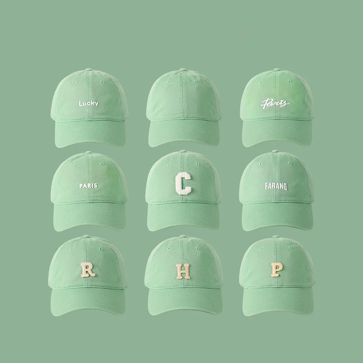 Fashion Trend Personalized Design Outdoor Sports Baseball Cap Solid Mint Green Hat Unisex Letter Embroidered Curved Brim Cap