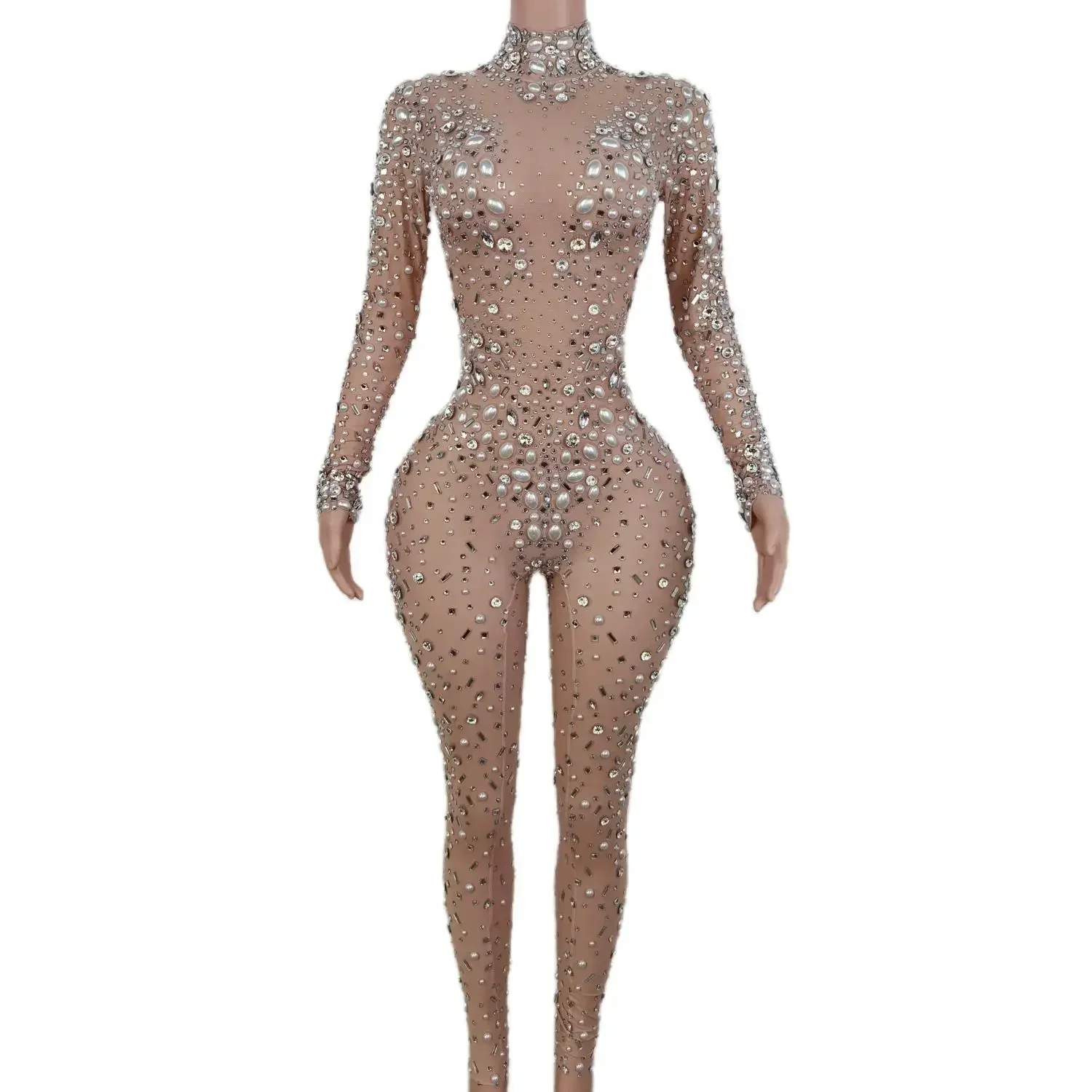 

Evening Birthday Celebrate Sexy Rompers Prom Party Singer Costume Show Wear Big Pearl Bling Silver Stones Mesh Jumpsuit