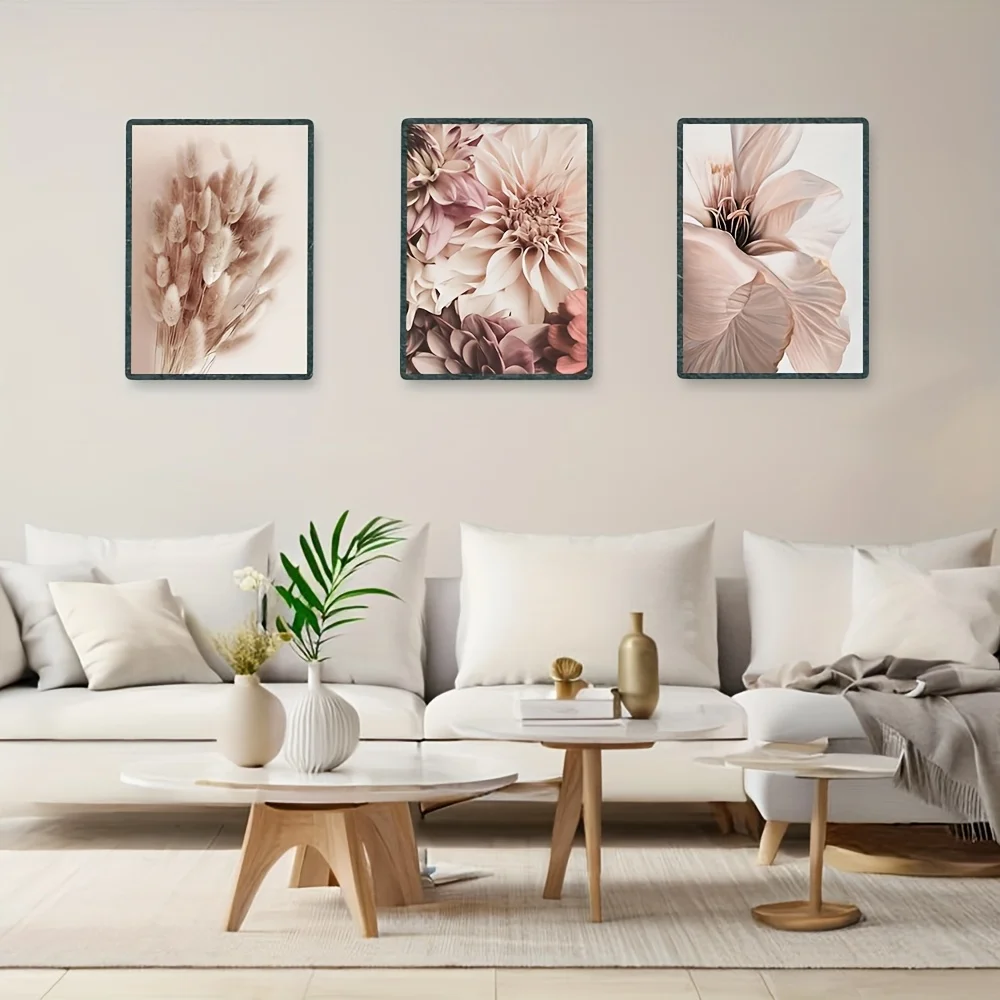 3pcs FAVELOT Boho Wall Art Posters - Beige & Pink Floral Pampas Grass & Love Quote Prints, Minimalist Neutral Decor, Bohemian