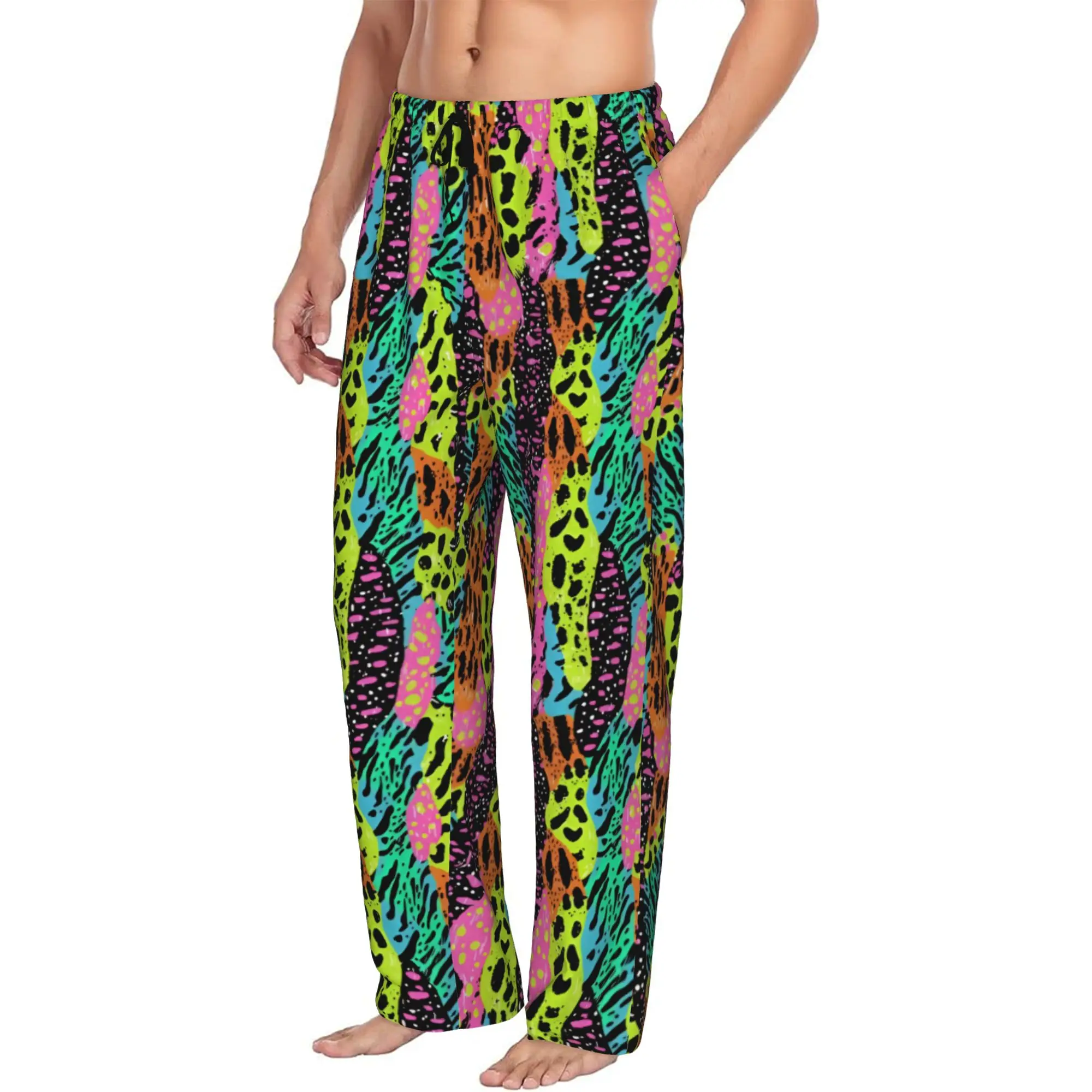 Custom Print Leopard Print Colorful Pajama Pants for Men  Sleep Sleepwear Bottoms with Pockets