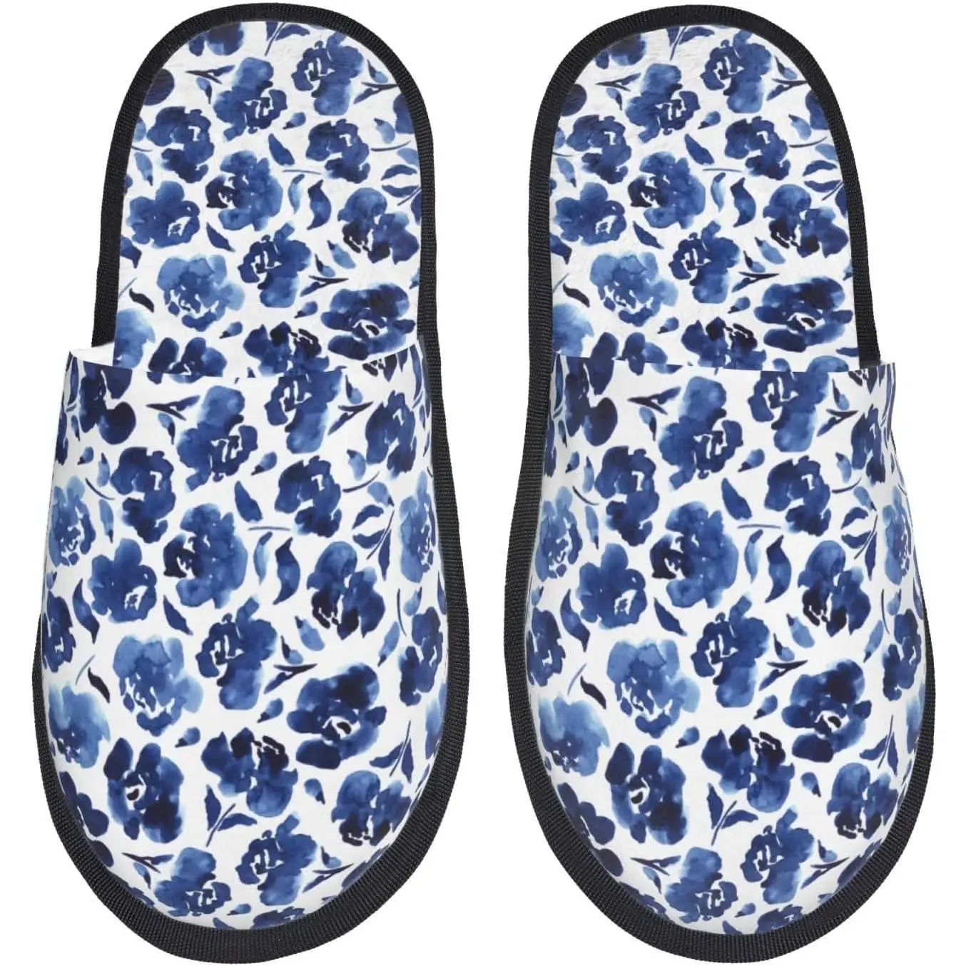 

Blue Ink Flowers Print Women'S Fuzzy Slip On Indoor Outdoor Winter House Slippers Guest Slippers for Bedroom Women