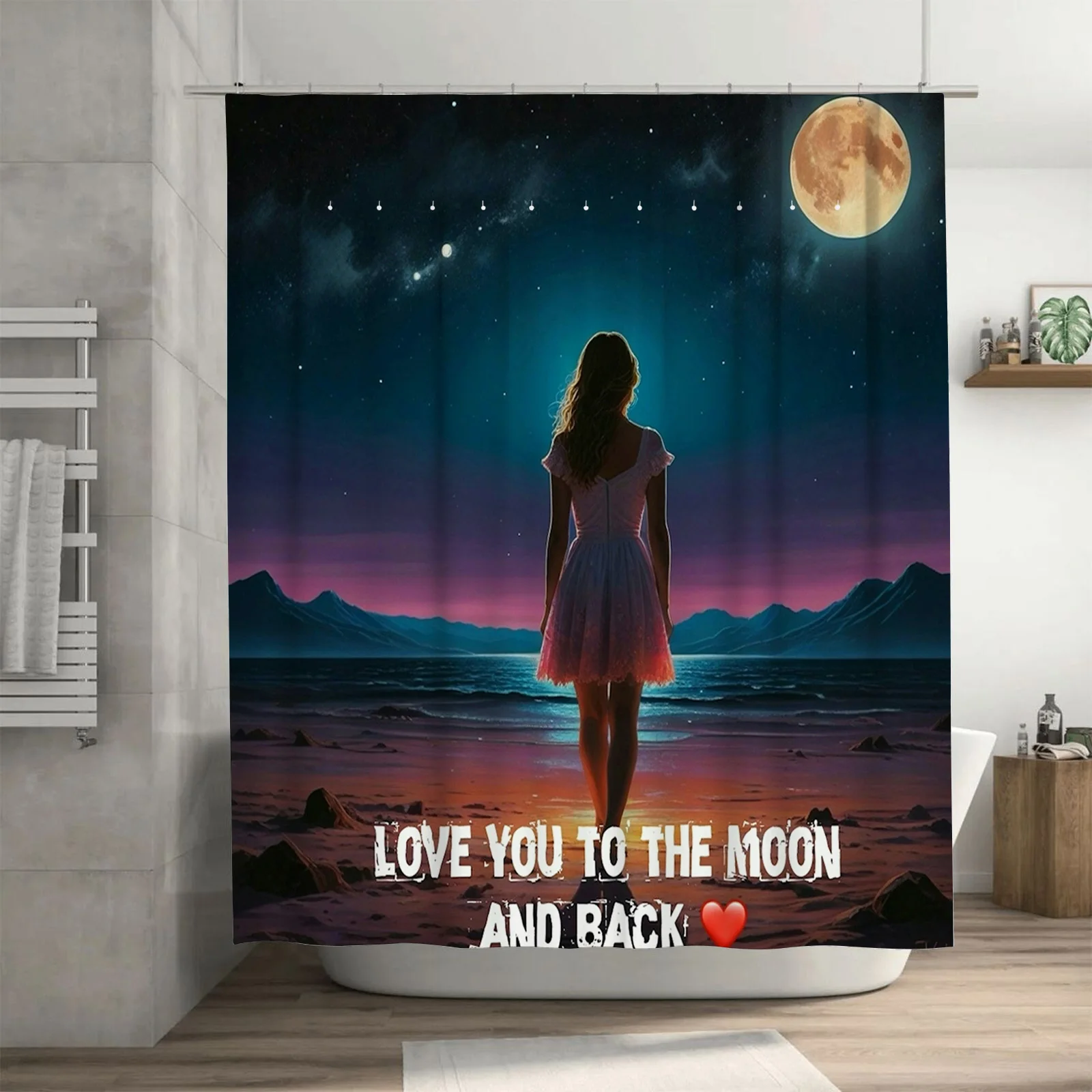 Romantic Night Sky Waterproof Shower Curtain High-Definition Digital Printing Love You to the Moon and Back Design