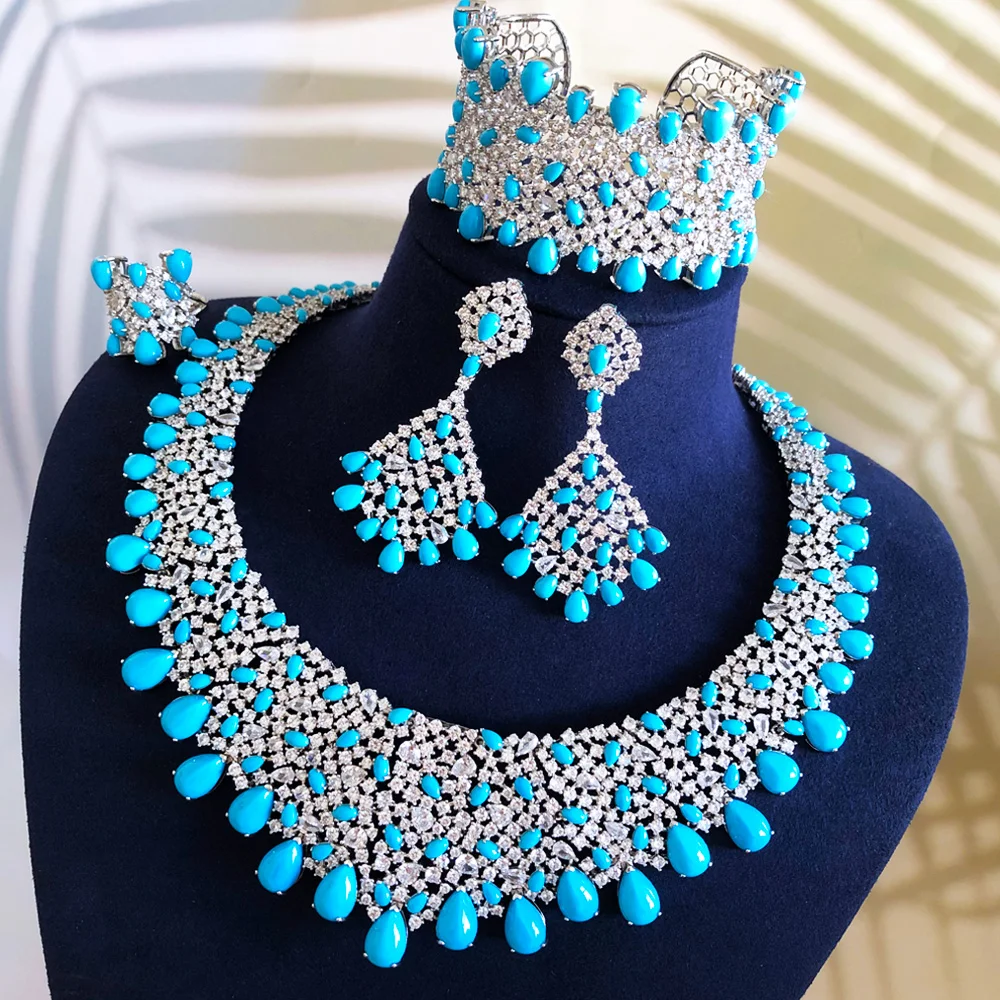 Missvikki Luxury Turquoise Necklace Bangle Earrings Ring Jewelry Set for Women Lady Bridal Wedding Party Daily Trendy Accessorie