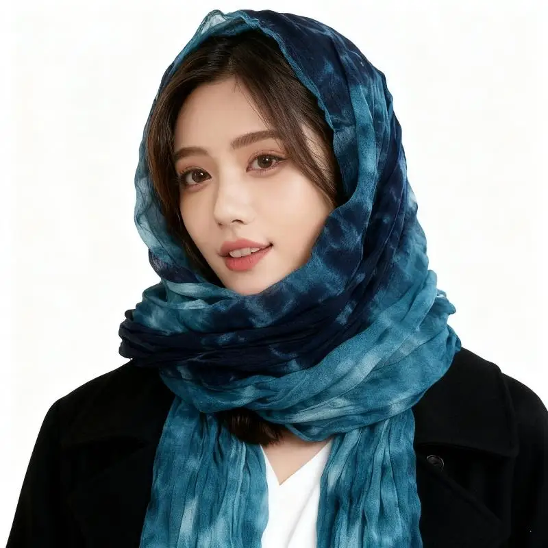 

180 Cm Women's Scarf Winter Cotton Gradient Blue Korean Muffler Versatile Printed Long Soft Fold Shawl Retro Versatile Scarf