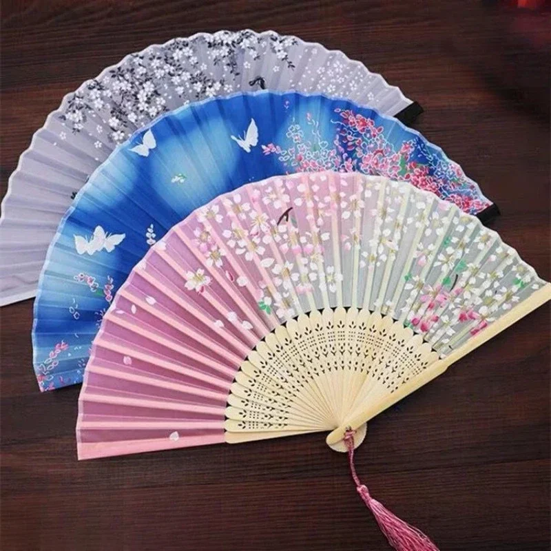 Vintage Silk Folding Fan Chinese Japanese Art Crafts Gift Home Decorations Dance Hand Fan Bamboo Room Decor Wood Fans