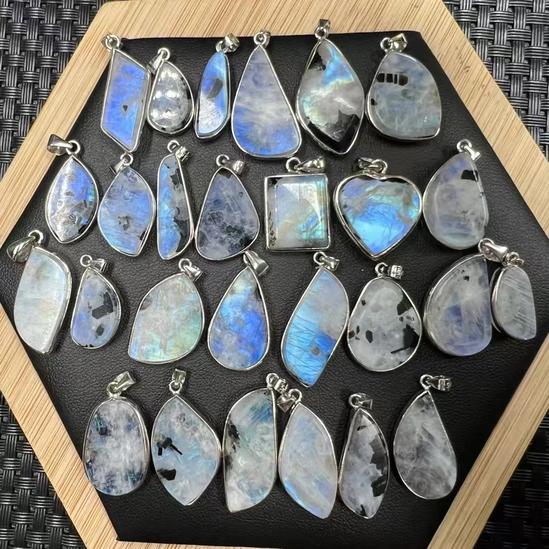 1Pc Fengbaowu Natural Blue Moonstone Pendant 925 Sterling Silver Irregular Shape Reiki Healing Stone Jewelry Gift For Women Men