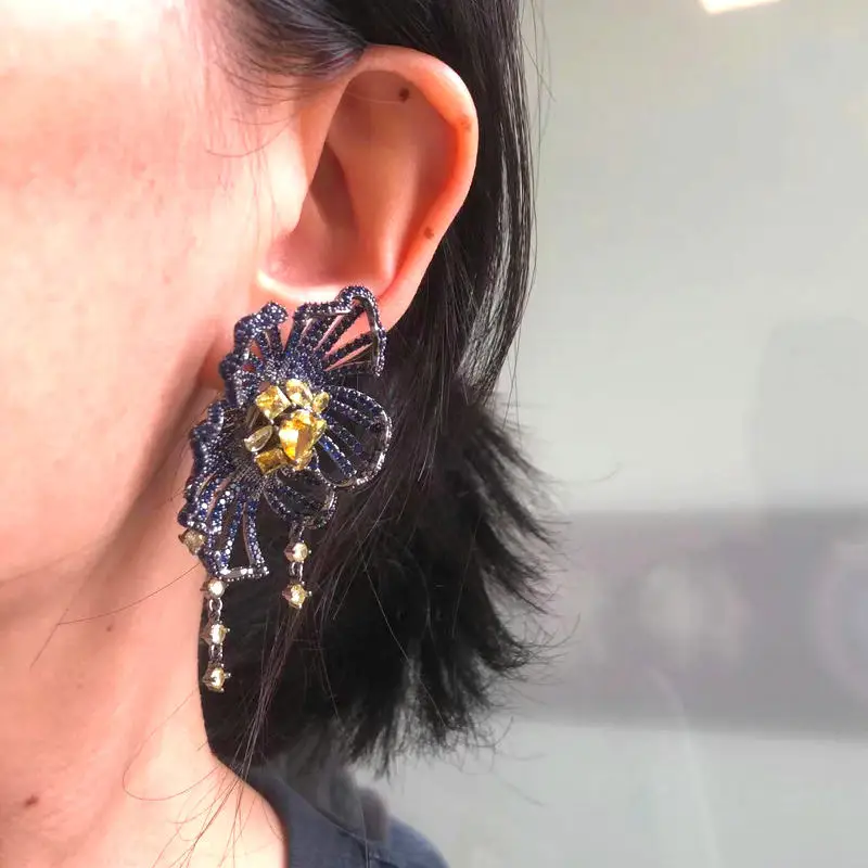 Bilincolor Luxury Big Royal Blue Flower Earring for Women Wedding Party Gift