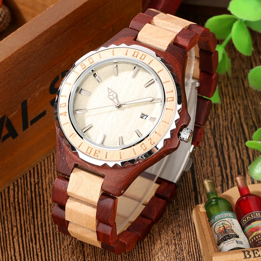 Calendar Auto-date Dial Men's Quartz Wristwatches Full Bamboo/Maple Red Wood Bracelet Timepiece Natural Stylish Male Watches