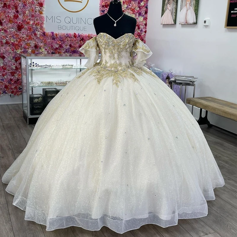 

ANGELSBRIDEP Off Shoulder Beading Ball Gown Quinceanera Dresses With Gold Appliques Girls Birthday Prom Gown Vestido De 15 Anos