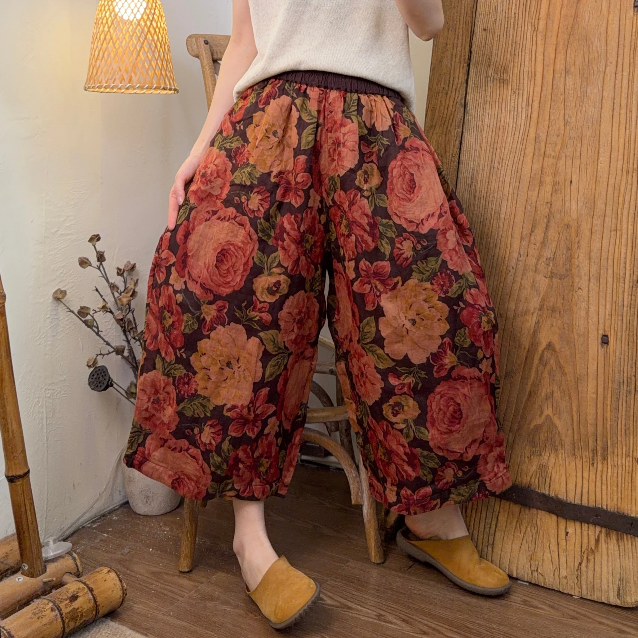

2026 Summer New Digital Print Ramie Cropped Double-layer Straight Pants Women XY322