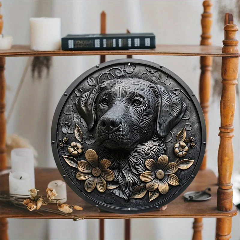 Aluminum Circular Metal Sign Plaque, Black Dog Sculpture with Etched Flower Designs, Wall Art, Home Decor, 8x8Inch, 1Pc