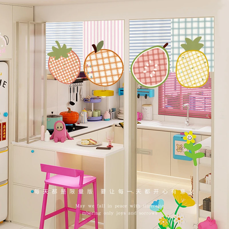 Korean Sweet Grid Fruit Triangle Flag Door Curtain Cute Partition Hanging Curtain Coffee Shop Bar Counter Kitchen Home Decor