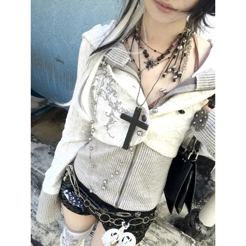 

Deeptown Y2k Harajuku Gothic Women Knit Cardigan Hooded Zip Up Patchwork Japanese Fashion Sweaters Slim Gyaru Grunge Autumn