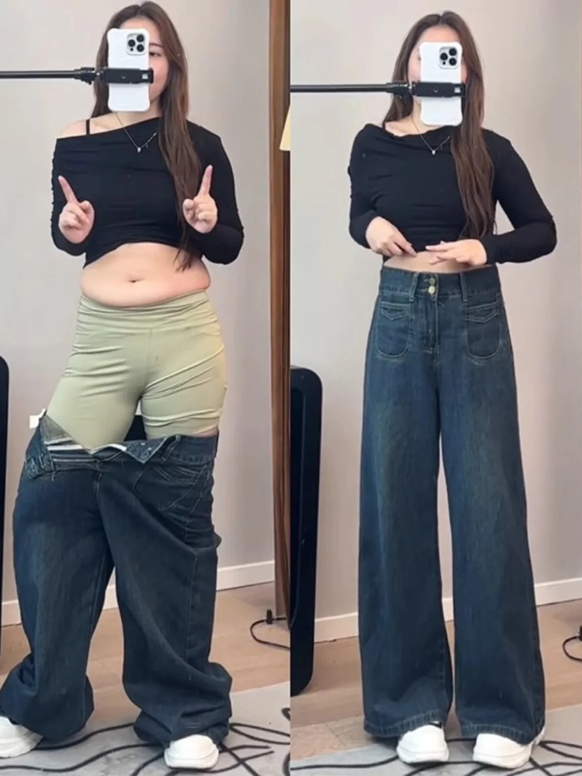 الرجعية عالية الخصر Fce اصطف واسعة الساق الجينز المرأة الخريف الشتاء حجم كبير التخسيس مستقيم قطع بنطلون فضفاض صالح الجينز