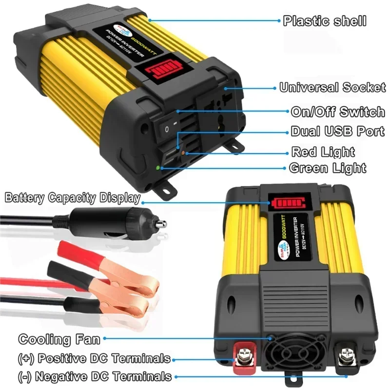 Car Power Inverter LED Voltage Capacity Display Transformer Converter 12V To 110/220V USB Inverter For Car Applia