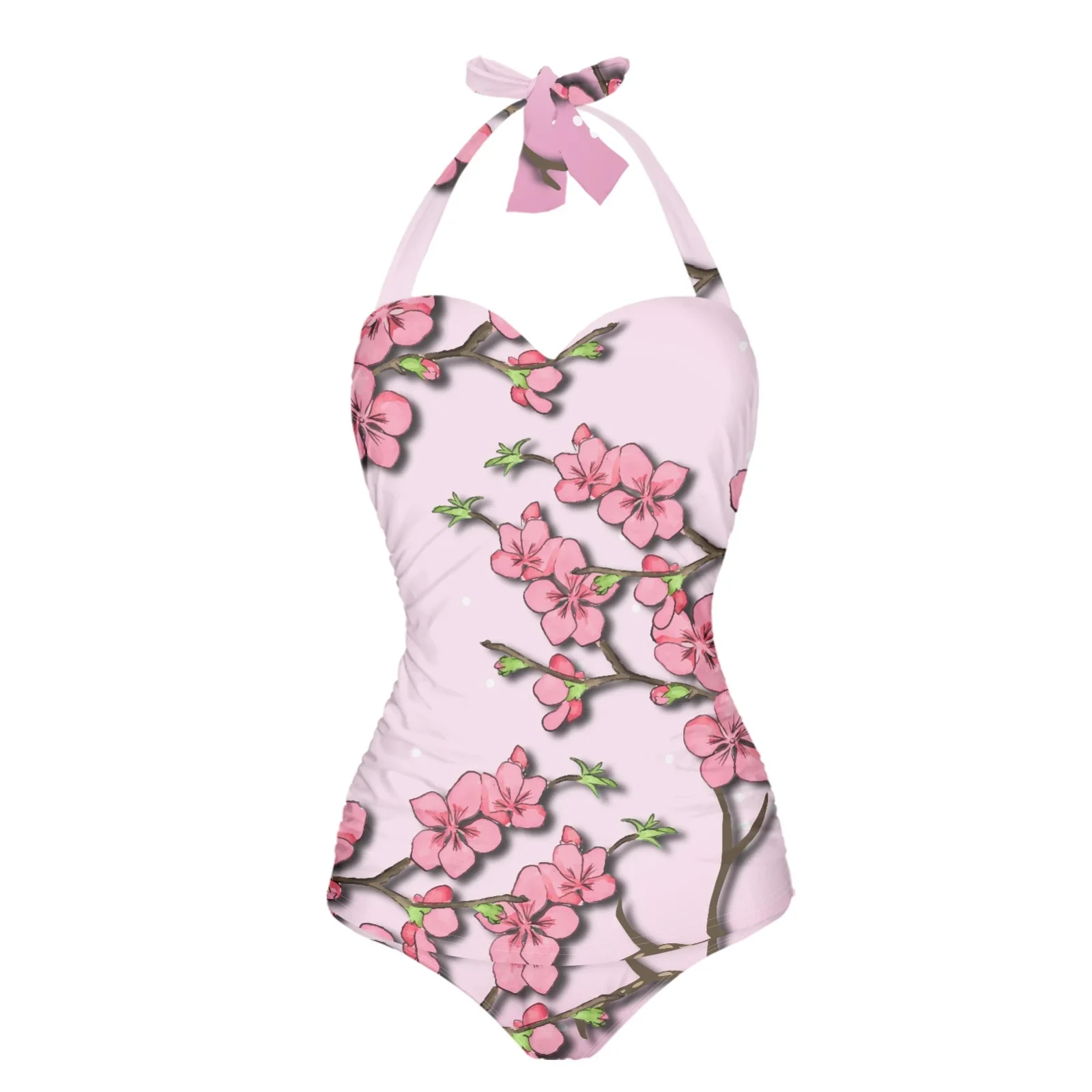 New Style Lady Sandbeach Sexy Bikini Cherry Blossom Pattern Skin-Friendly And Breathable Polyester Fabric One-piece retro bikini