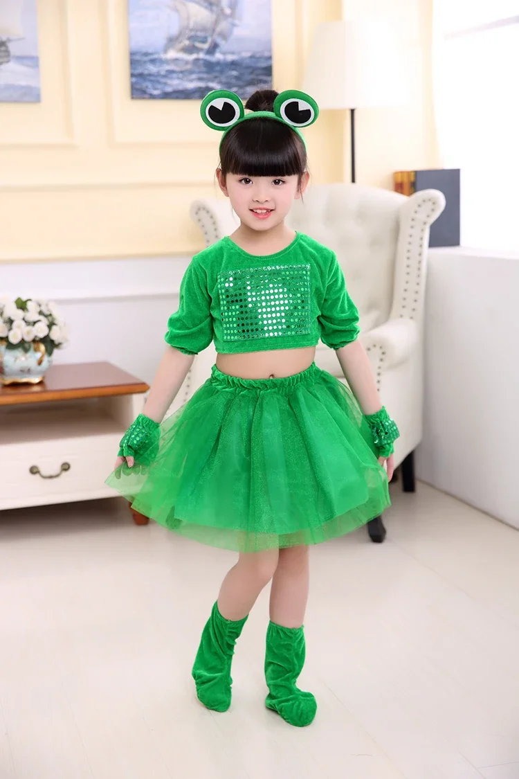 어린이 작은 개구리 공연 의상 녹색 긴팔 동물 의류 소년과 소녀를위한 스팽글 투투 스커트 투투 스커트