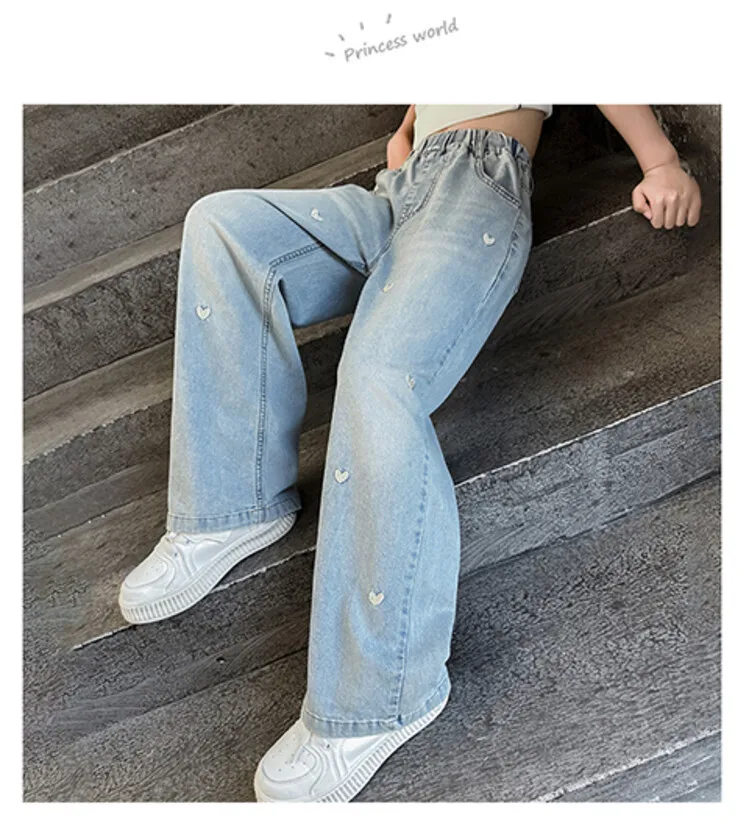 Neue Sommer-Jeans für Mädchen, leicht und atmungsaktiv, mit kleiner Herz-Stickerei, mückensichere Hose für Teenager-Mädchen im Alter von 4 bis 14 Jahren – Detail 8