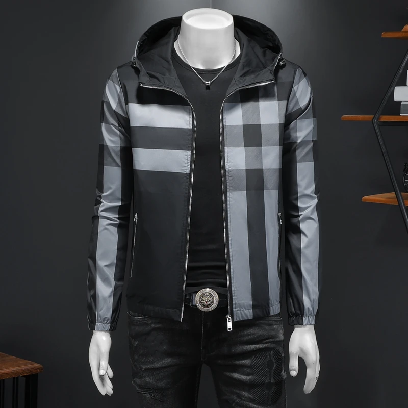 

Korean version new high-quality hooded jacket, fashionable checkered striped casual jacket, men's slim fit jacket