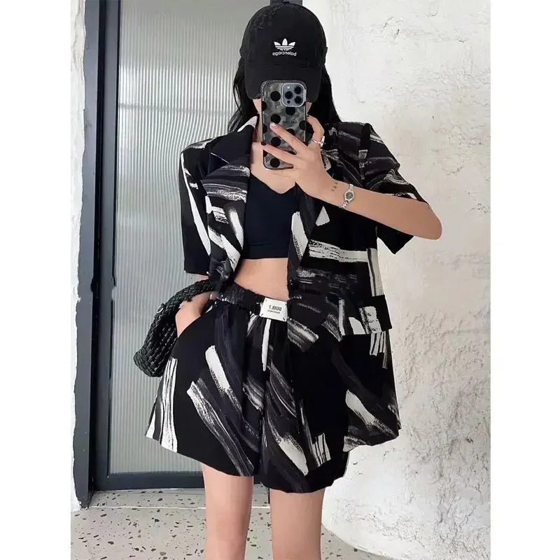 Korean Edition Printed Tie-dye Suit Women 2024 Summer Suit Collar Thin Coat High Waist Wide Leg Shorts Two-piece Women