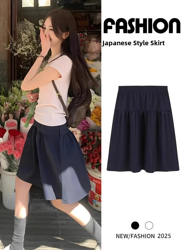

Japanese Sle High Waist A-Line Skirt Women's Slimming Midi Skirt Summer New Arrival Ele Simple Folded Hem Skirt