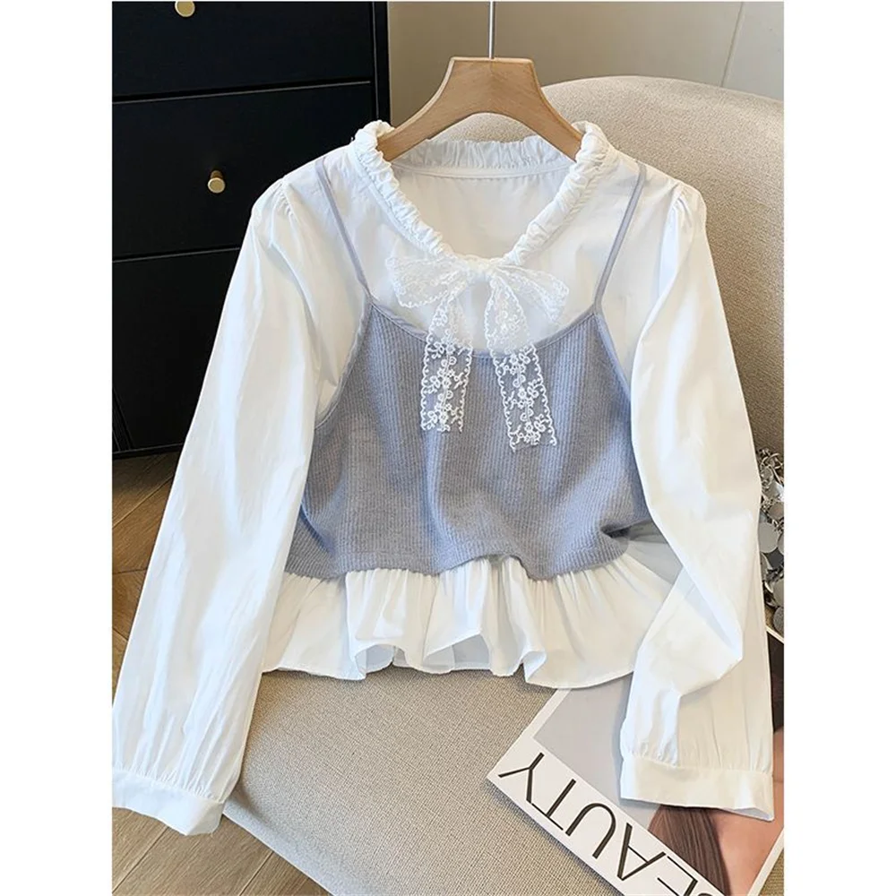 

Французская модная женская белая рубашка с кружевными оборками и бантом, вязаная блузка, винтажная рубашка с длинным рукавом, весна-осень