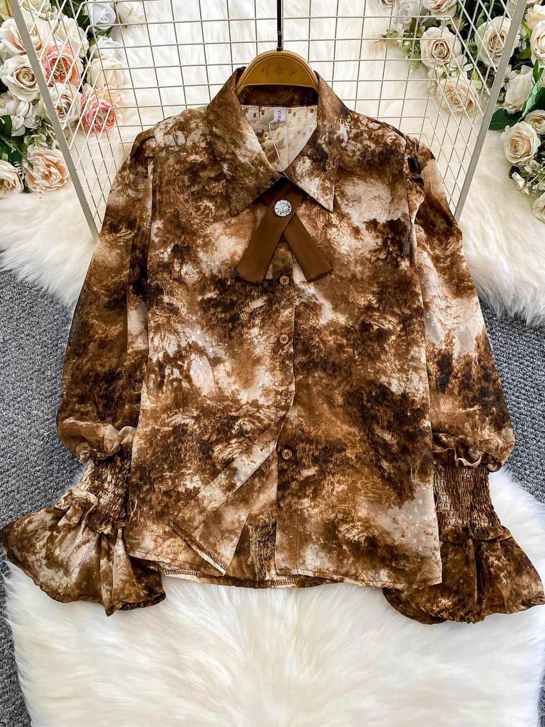 

Ele Knot Turn-down Collar irt Women's Retro Sle Slimming Bell Sve Top Watercolor Print Casual Faion