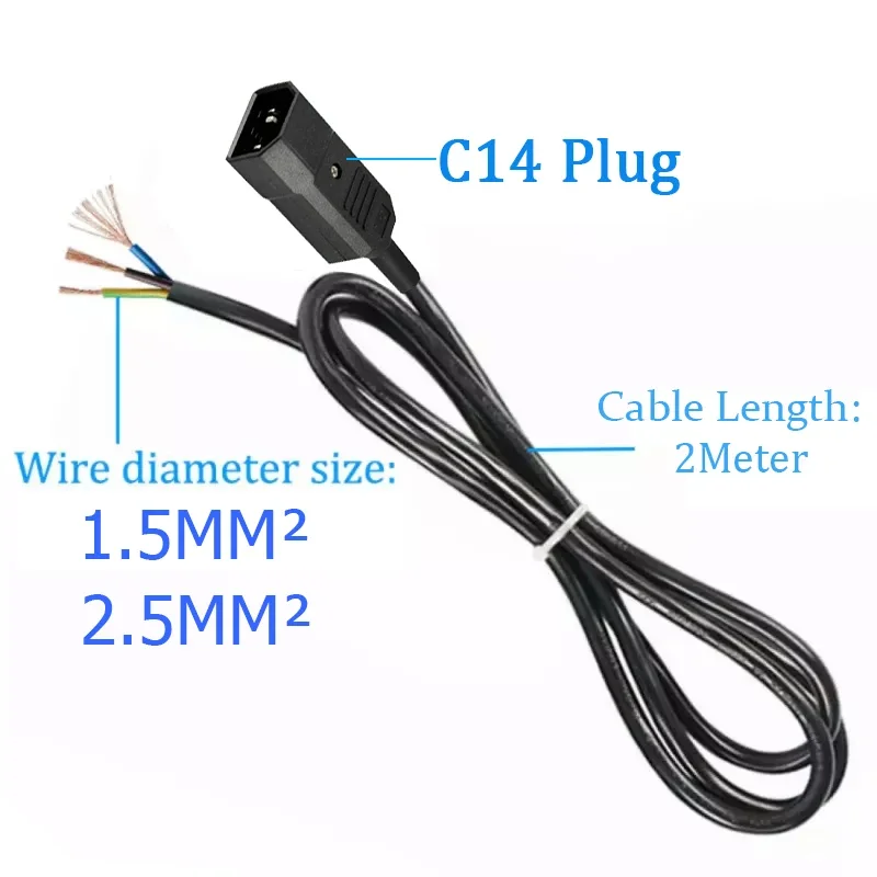 

Удлинительный кабель переменного тока, шнур питания 2 м для электрических розеток, сборный шнур питания, вилка стандарта ЕС/США/Великобритании/Австралии/С14