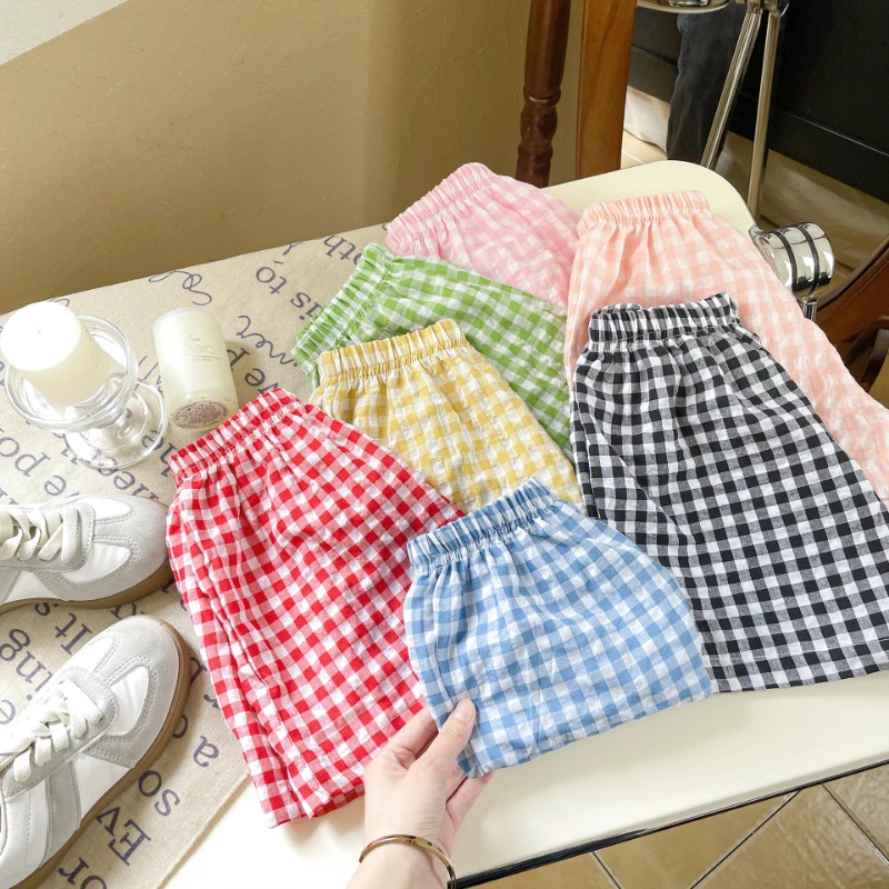 Girl\'s Candy Color Plaid Shorts Summer New Boys And Girls Baby Casual Loose Anti-Mosquito Pants Children Cotton Bottom Shorts