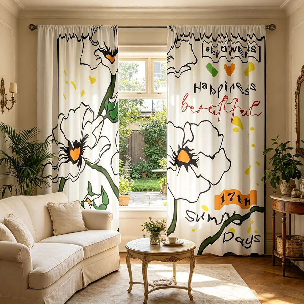 2PCS Curtains, White with Hand-Drawn Floral & Letter Print, Rod Pocket Style, Suitable for Bedroom and Living Room