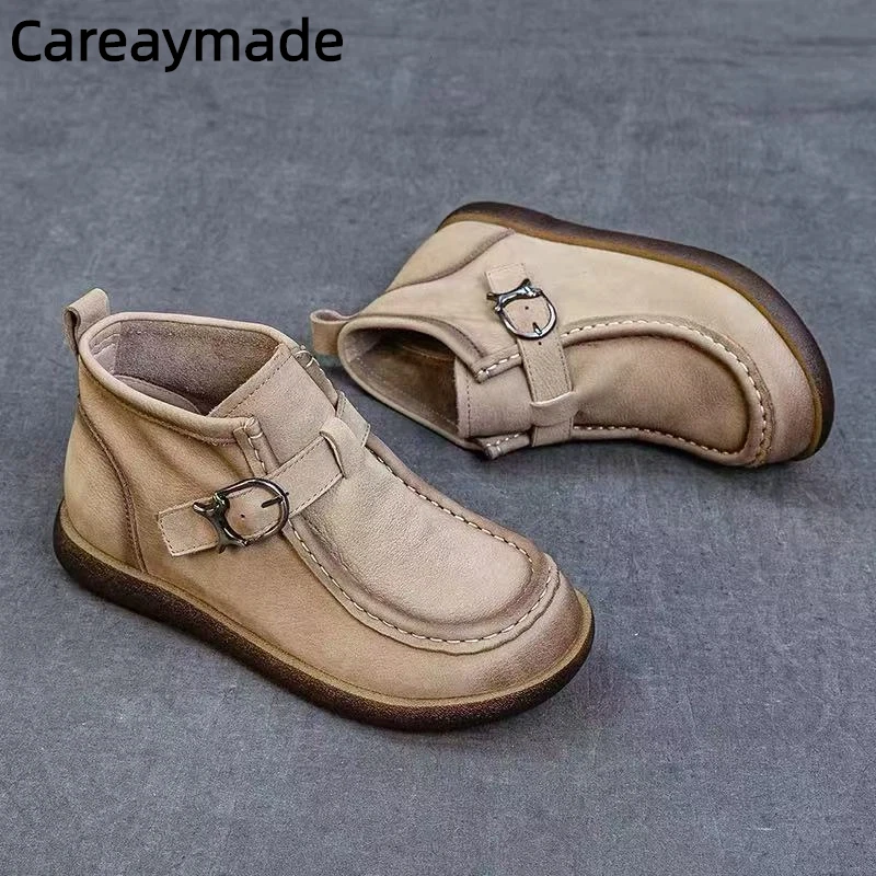 

Careaymade-Genuine Leather Comfortable Flat Bottom Women's Boots British Style Versatile Fashionable Short Boots wider Toe Boots