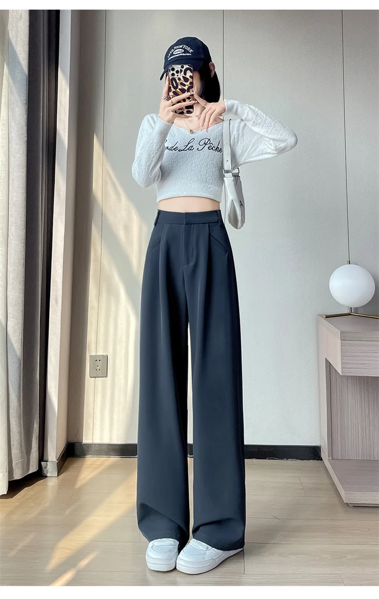 Spring 2024 New Fashion All-Match Simple Office Suit Pants Wide-Leg Pants High Waist Narrow Straight Casual Mop Pants Women