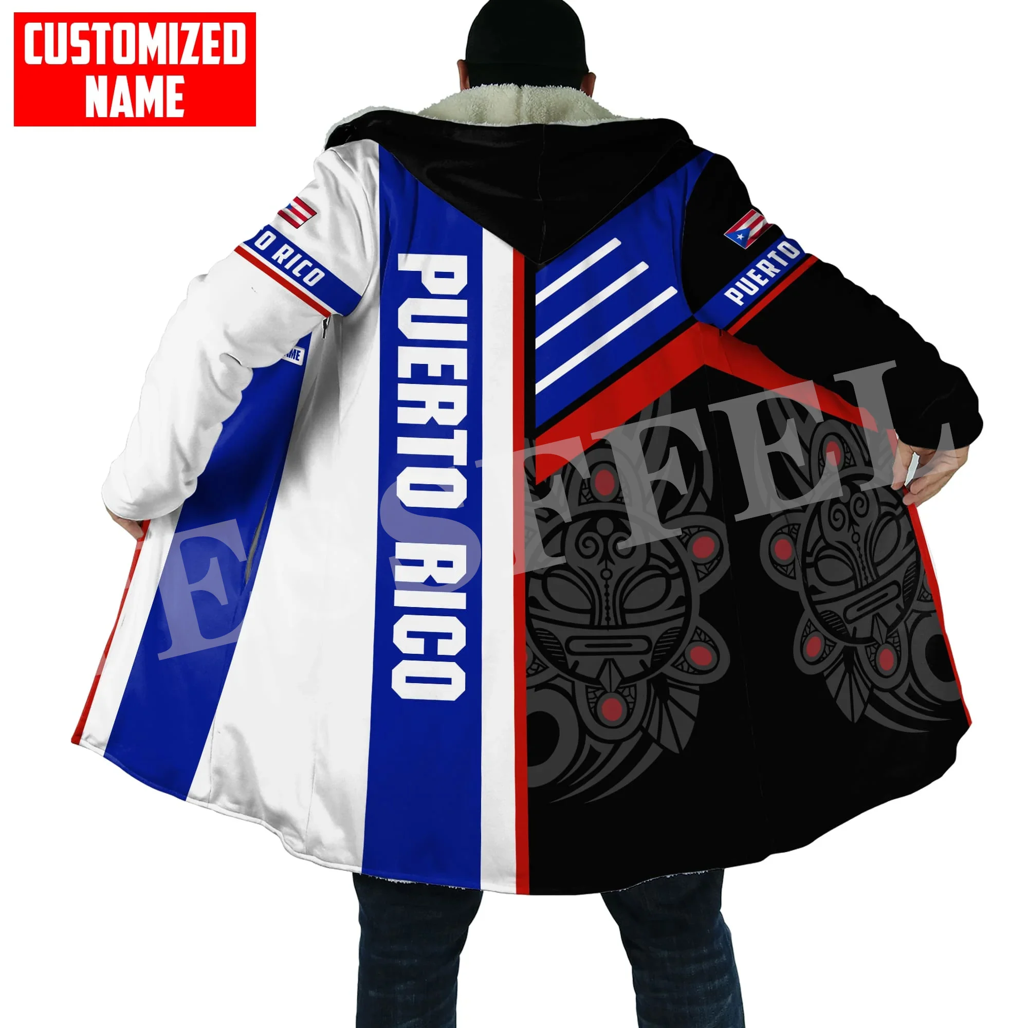 

Custom Name Puerto Rico Boricua Country Tattoo Retro Vintage 3DPrint Harajuku Winter Windbreaker Warm Coat Hood Cloak Overcoat R