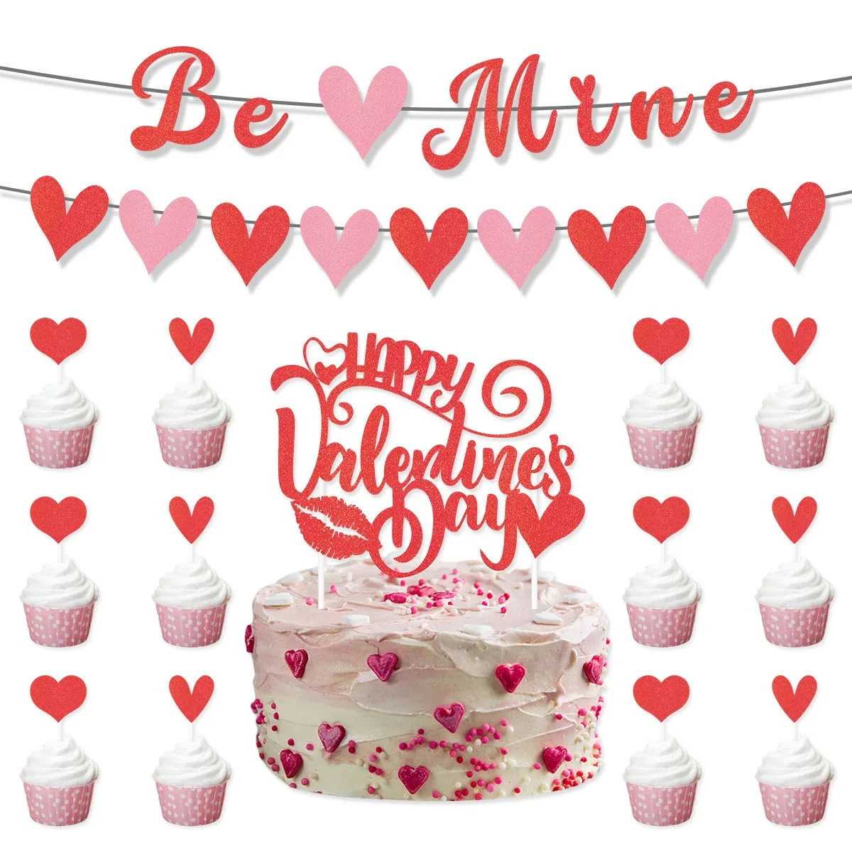 Romantic Valentine's Day Theme Party Balloon Be Mine Banner Red Heart Cake Topper for Wedding Anniversary Party Decoration