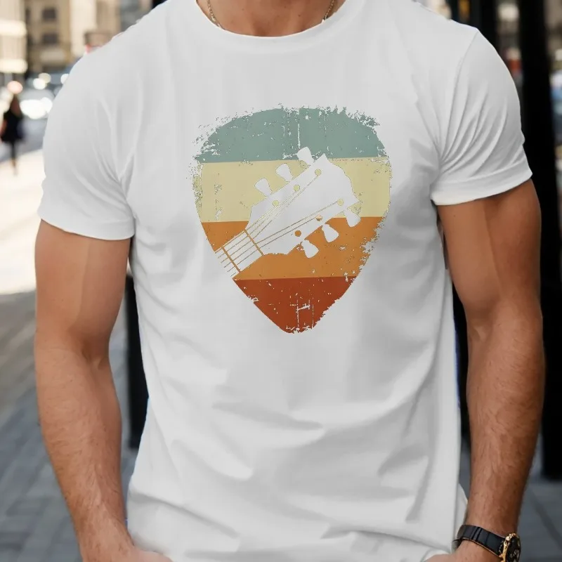 

Ретро гитарный узор с 3D принтом и круглым вырезом с короткими рукавами, модная повседневная свободная удобная дышащая быстросохнущая футболка, топ