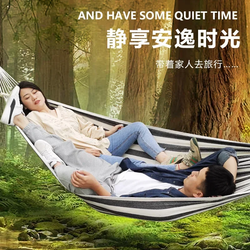 Heavy Duty Double/Single Hammock - Curved Wood Frame Swing with Carabiner Clips, Portable Outdoor Camping Bed for Adults