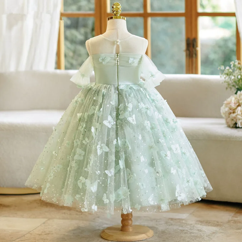 Hochwertiges Mädchen-Geburtstags-Prinzessinnenkleid, Grünes Kleid für Klavierauftritte, Kindergarten-Moderationsauftritt, Blumenmädchenkleid A5070 – Detail 7
