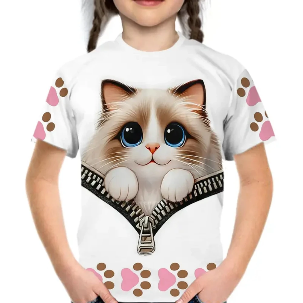 Mädchenkleidung, süße Katze, kurze Ärmel, grafische T-Shirts, 3D-Druck, Sommer-Outdoor-Kleidung für Kinder, Tops, T-Shirt für Mädchen, 2–10 Jahre – Detail 4