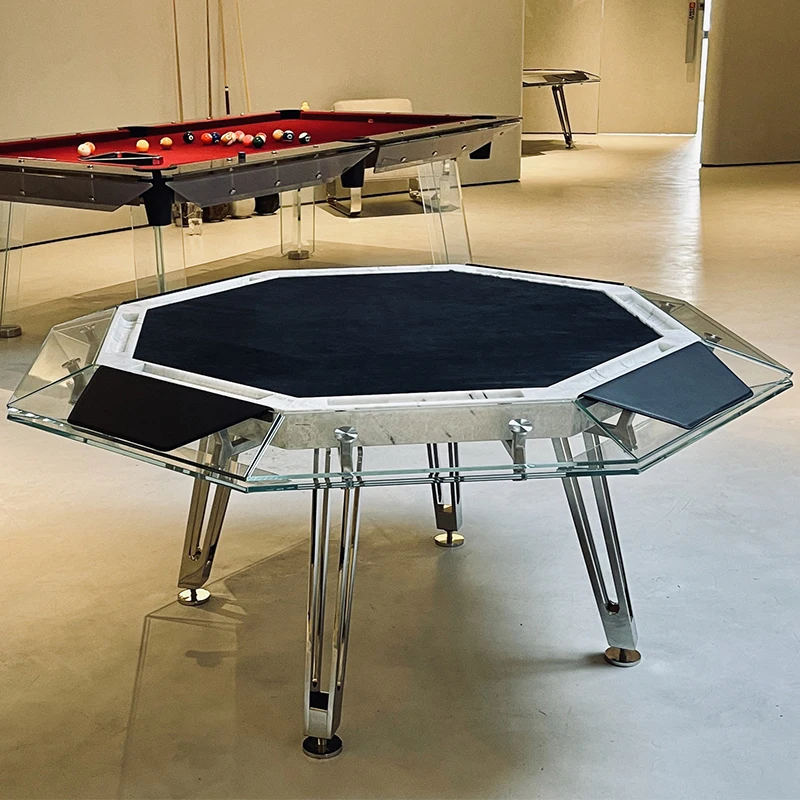 Luxury Modern Glass Eight-player Chess And Card Table Stainless Steel Leg Table Large Board Games For Relax At Home