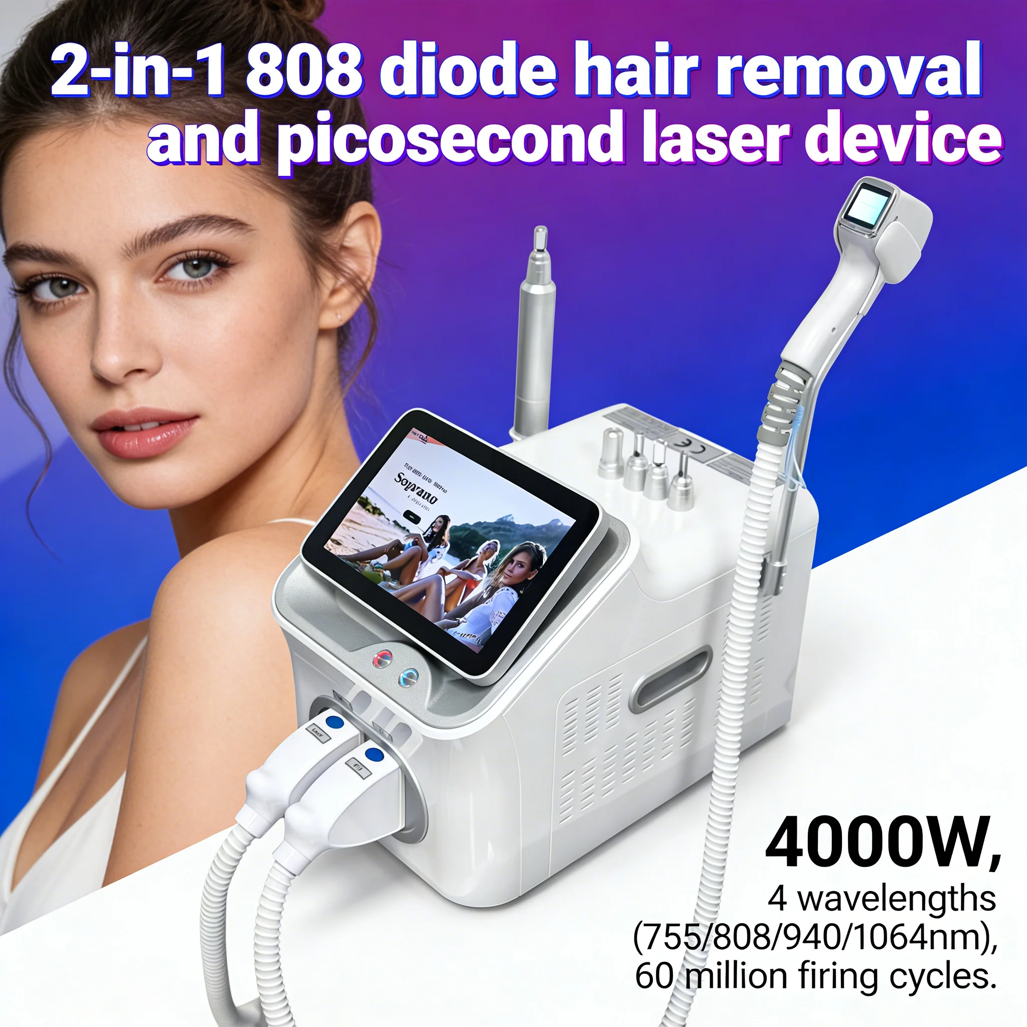 

Diode Laser 1064 755 940 808nm 2in1 Hair Removal LaserLazer Laser Tattoo Removal Machine Painless Beauty Equipment
