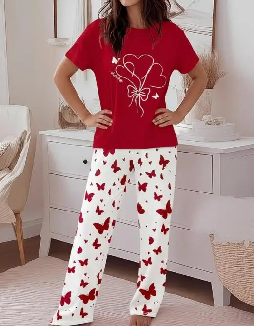 

Women's Set Summer New Casual Butterfly Print Round Neck Short Sleeved T-Shirt and Straight Leg Pants Set Suitable for Home Wear