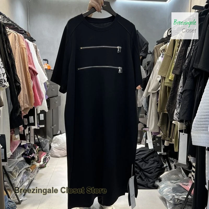 韓国風ファッション無地ダブルジッパーラウンドネック半袖Tシャツロングスカート女性夏新作ゆったりカジュアルワンピース