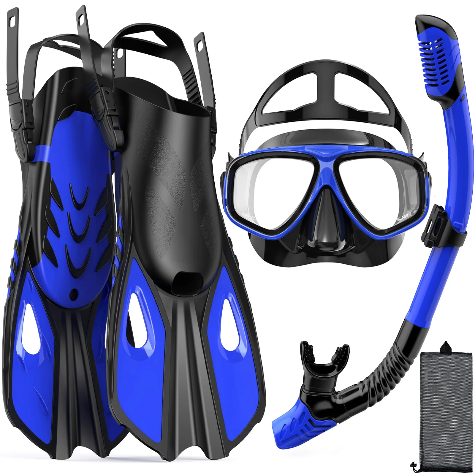 Maskenflossen, Schnorchelset, 4-in-1, Panoramablick, Trockenoberteil, verstellbar, kurze Tauchflossen, Reisetasche, Tauchausrüstung, Tauchen, Schwimmen, Erwachsene – Detail 11