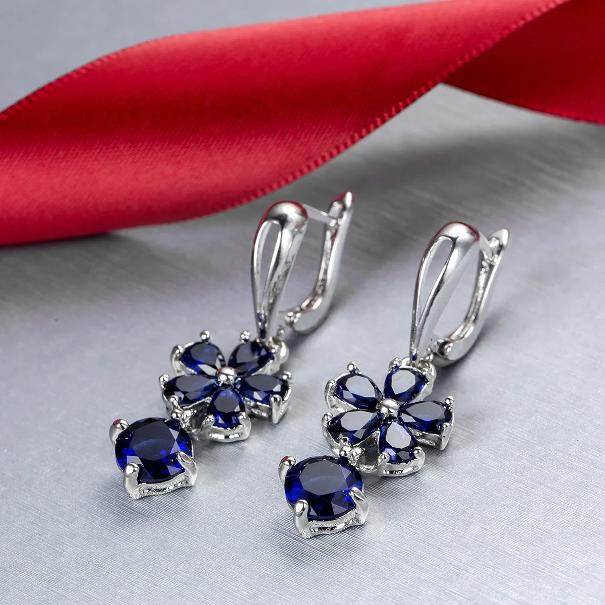 SODROV Korean Fashion Blue Zircon Jewelry Romantic Flower Shape Drop Earrings for Women